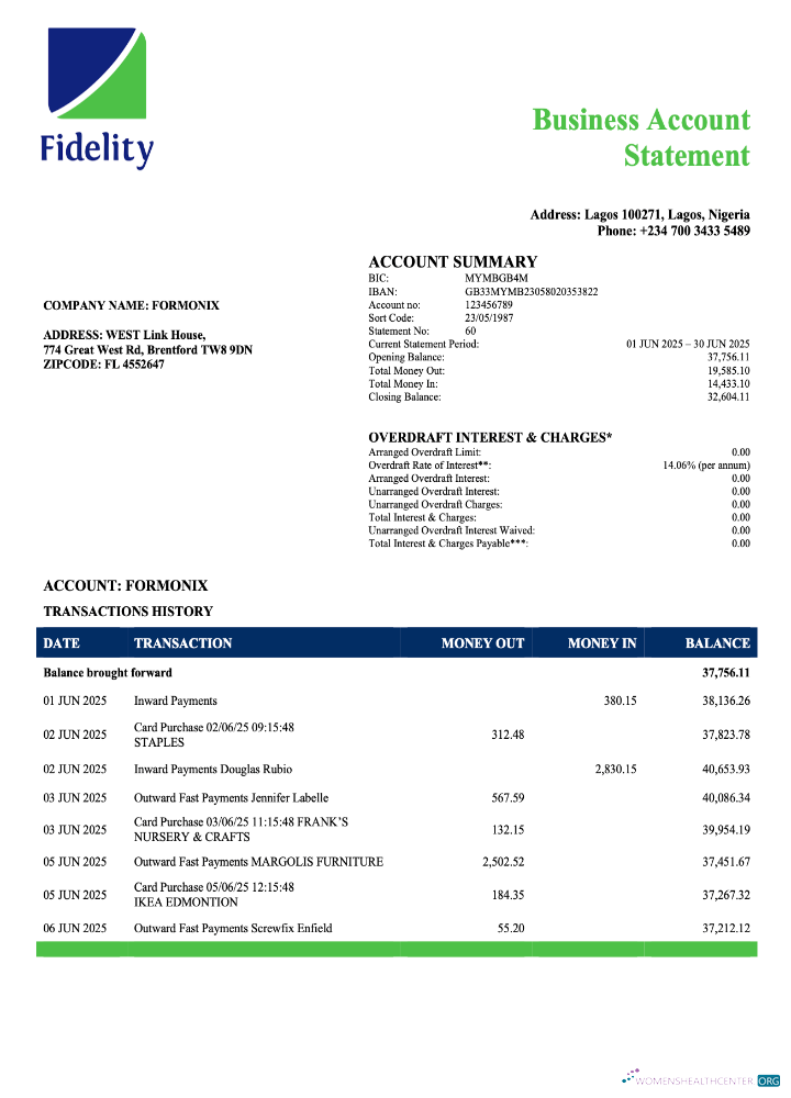 Download Nigeria Fidelity Bank enterprise account statement Word and PDF template Photoshop template